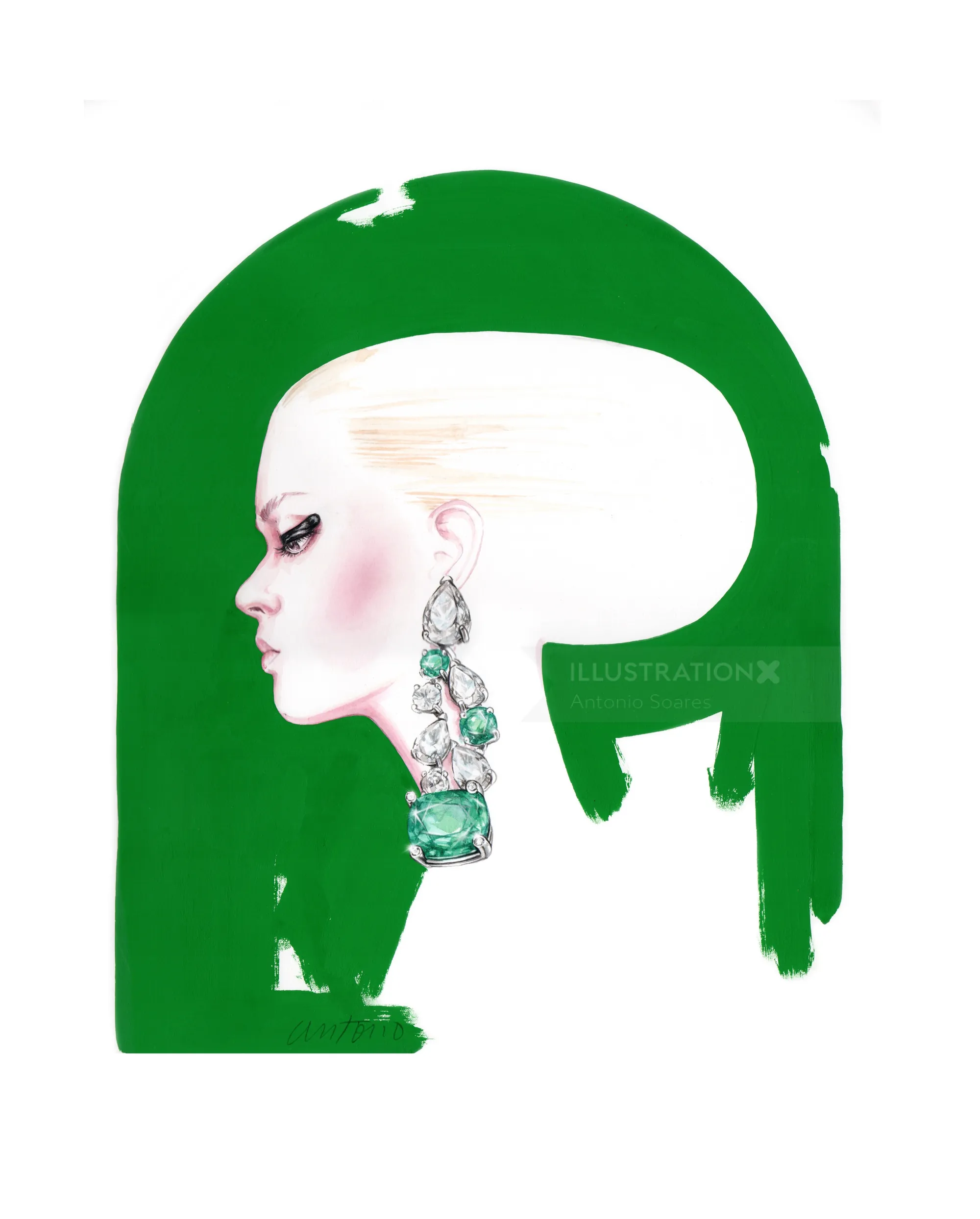 Side profile of woman wearing emerald and diamond jewelry by Antonio Soares