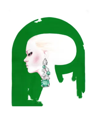 Side profile of woman wearing emerald and diamond jewelry by Antonio Soares