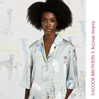 Model in grey shirt with colorful dog illustrations