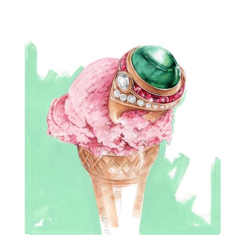 Ice cream cone with a large green gemstone ring on top