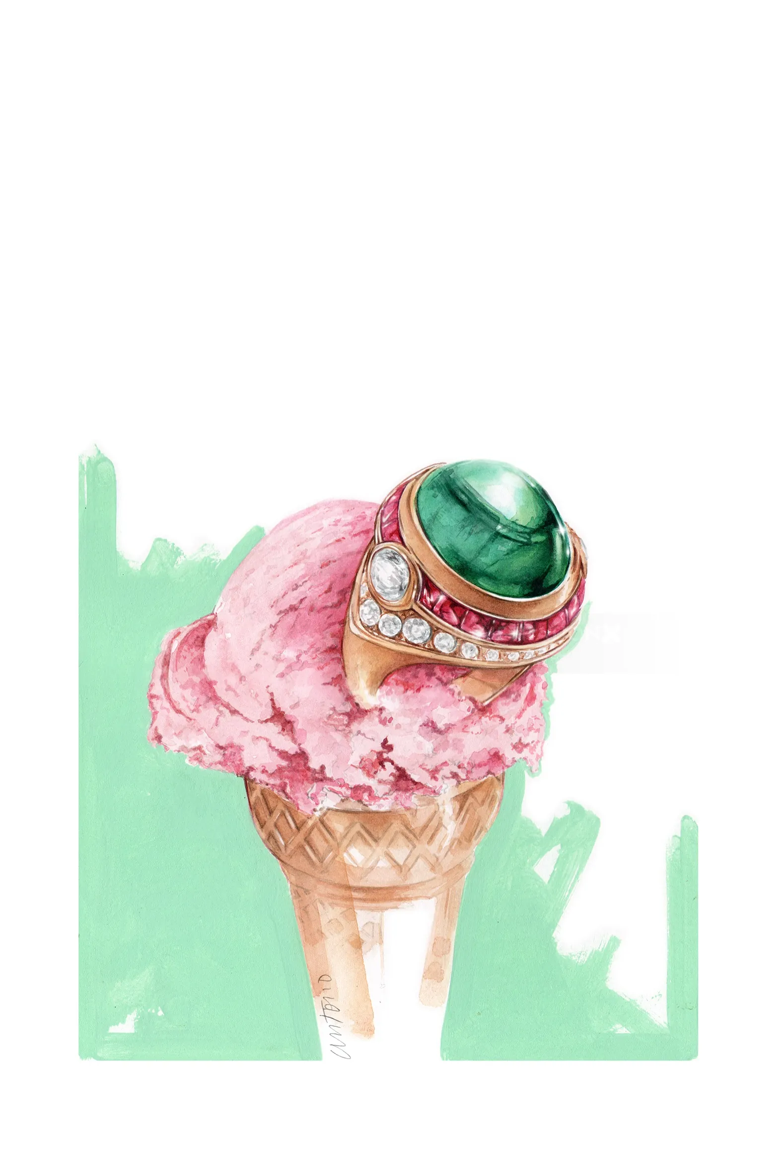 Ice cream cone with a large green gemstone ring on top