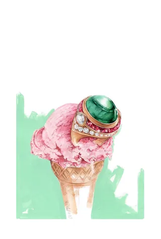 Ice cream cone with a large green gemstone ring on top