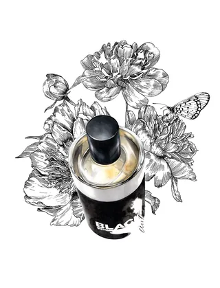 Black perfume bottle with peony flowers and butterfly drawing