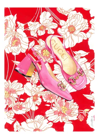 Pink Gucci block heel shoes on red floral patterned background