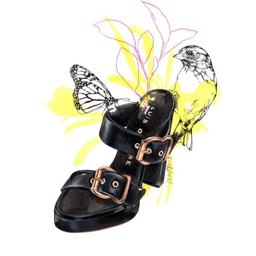 Black leather sandal with butterfly and bird drawing