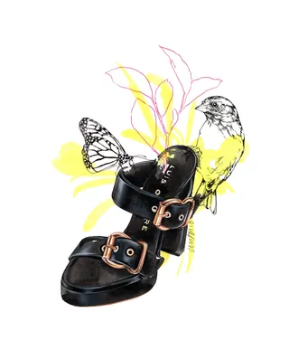 Black leather sandal with butterfly and bird drawing