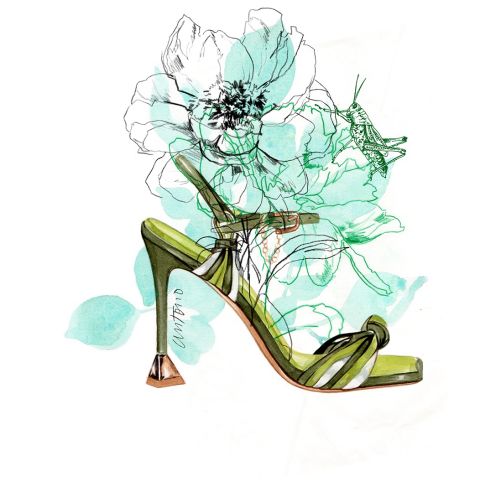 Green high-heeled sandal with floral and insect artwork