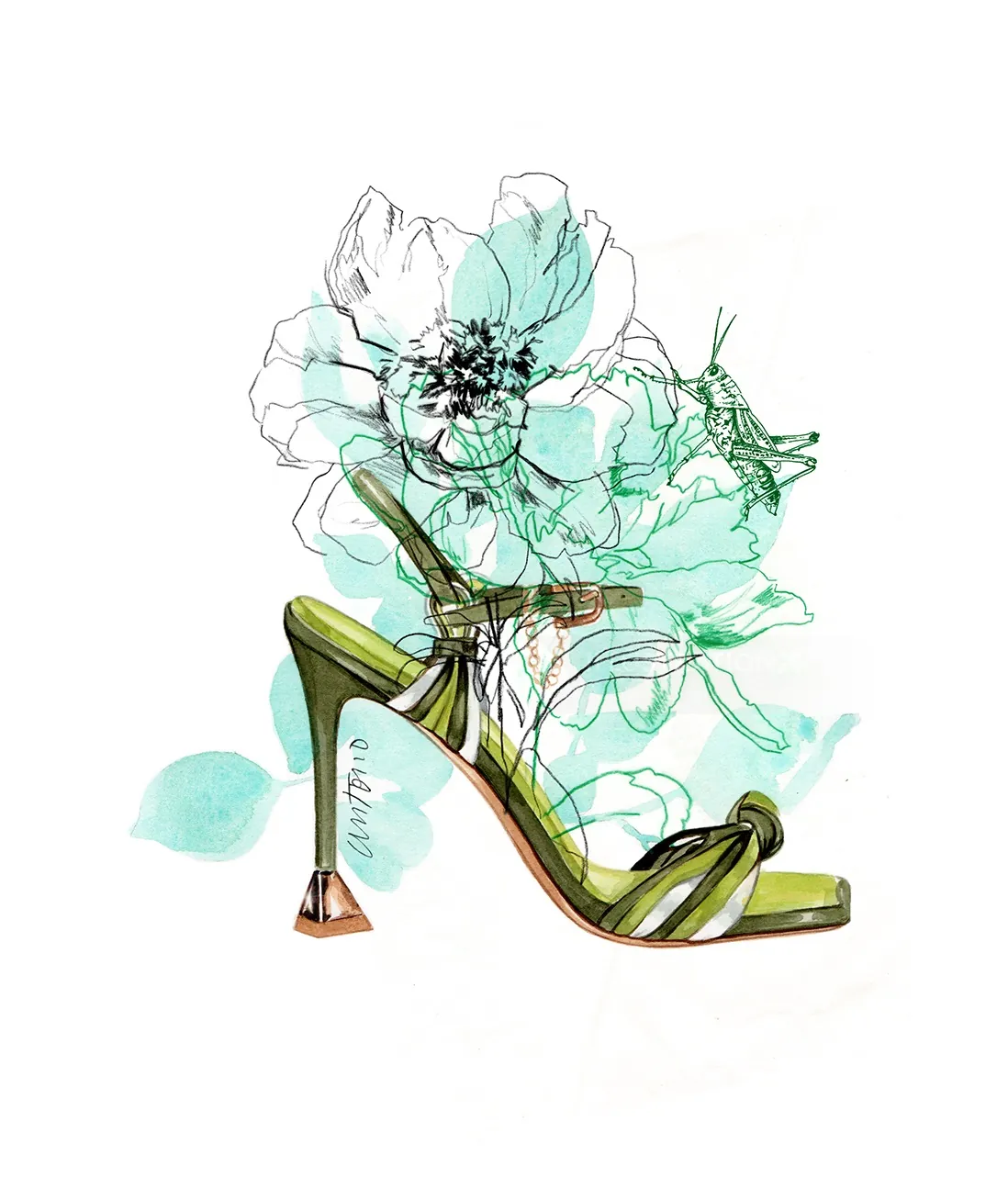 Green high-heeled sandal with floral and insect artwork