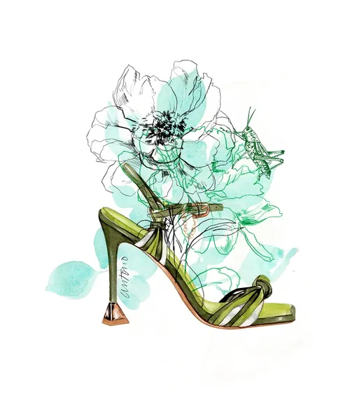 Green high-heeled sandal with floral and insect artwork