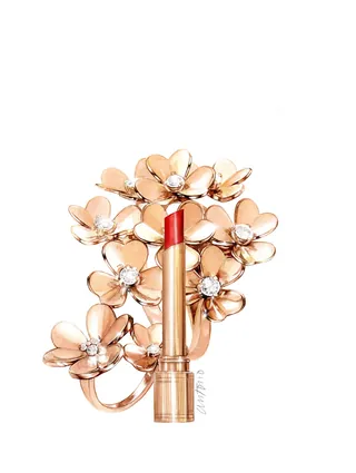 Gold flower-shaped lipstick holder with red lipstick