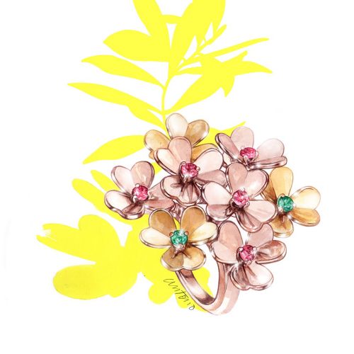 Ring with pink flower gemstones and green gems on gold setting