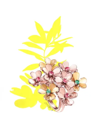 Ring with pink flower gemstones and green gems on gold setting