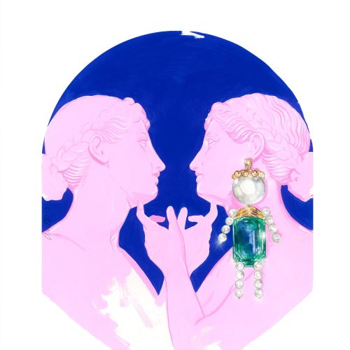 Two pink female silhouettes facing each other with a large decorative earring on a blue background