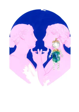 Two pink female silhouettes facing each other with a large decorative earring on a blue background