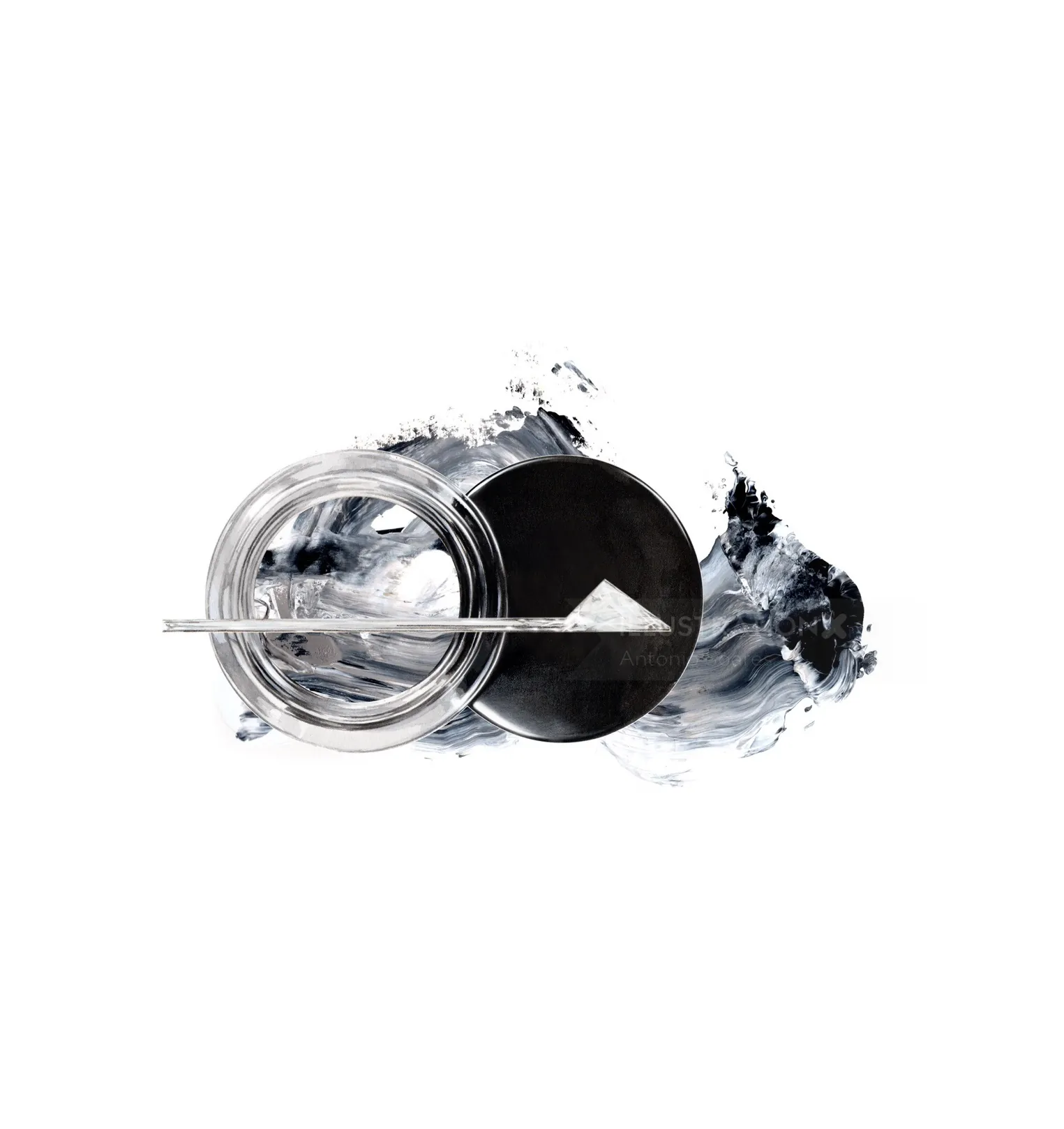 Abstract black and white artwork with circle and brush stroke