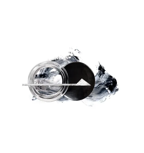Abstract black and white artwork with circle and brush stroke