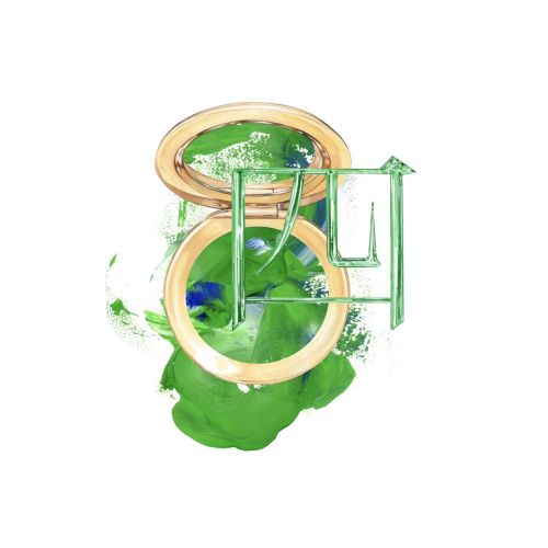 Abstract artwork with circular and angular shapes in green and beige