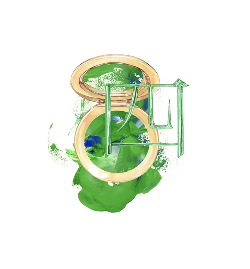 Abstract artwork with circular and angular shapes in green and beige