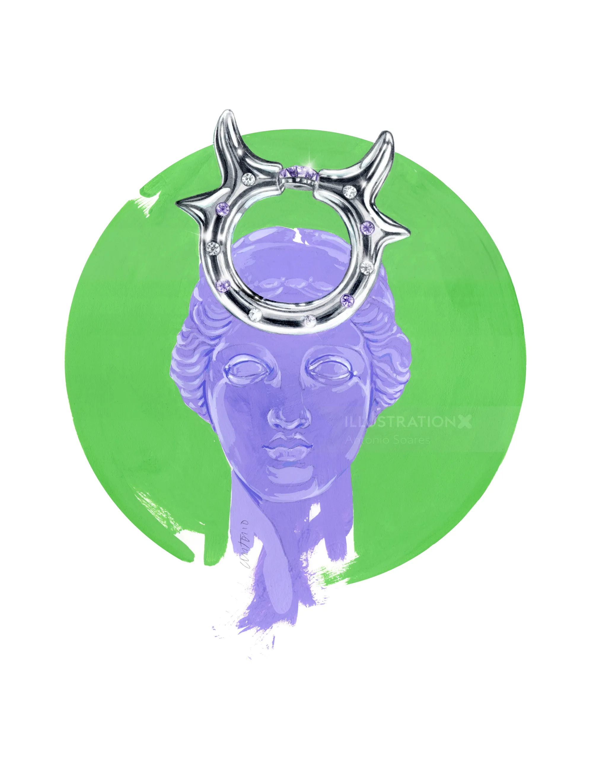 Purple bust sculpture with metallic Taurus zodiac symbol and green circle