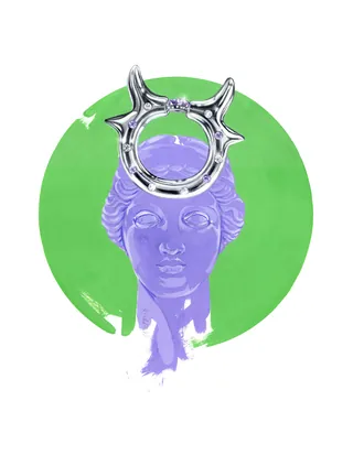 Purple bust sculpture with metallic Taurus zodiac symbol and green circle