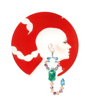Side profile of bald woman wearing a large red hat and gemstone earrings