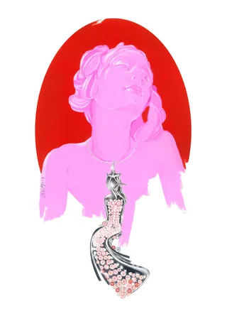 Abstract pink woman silhouette wearing mermaid pendant necklace