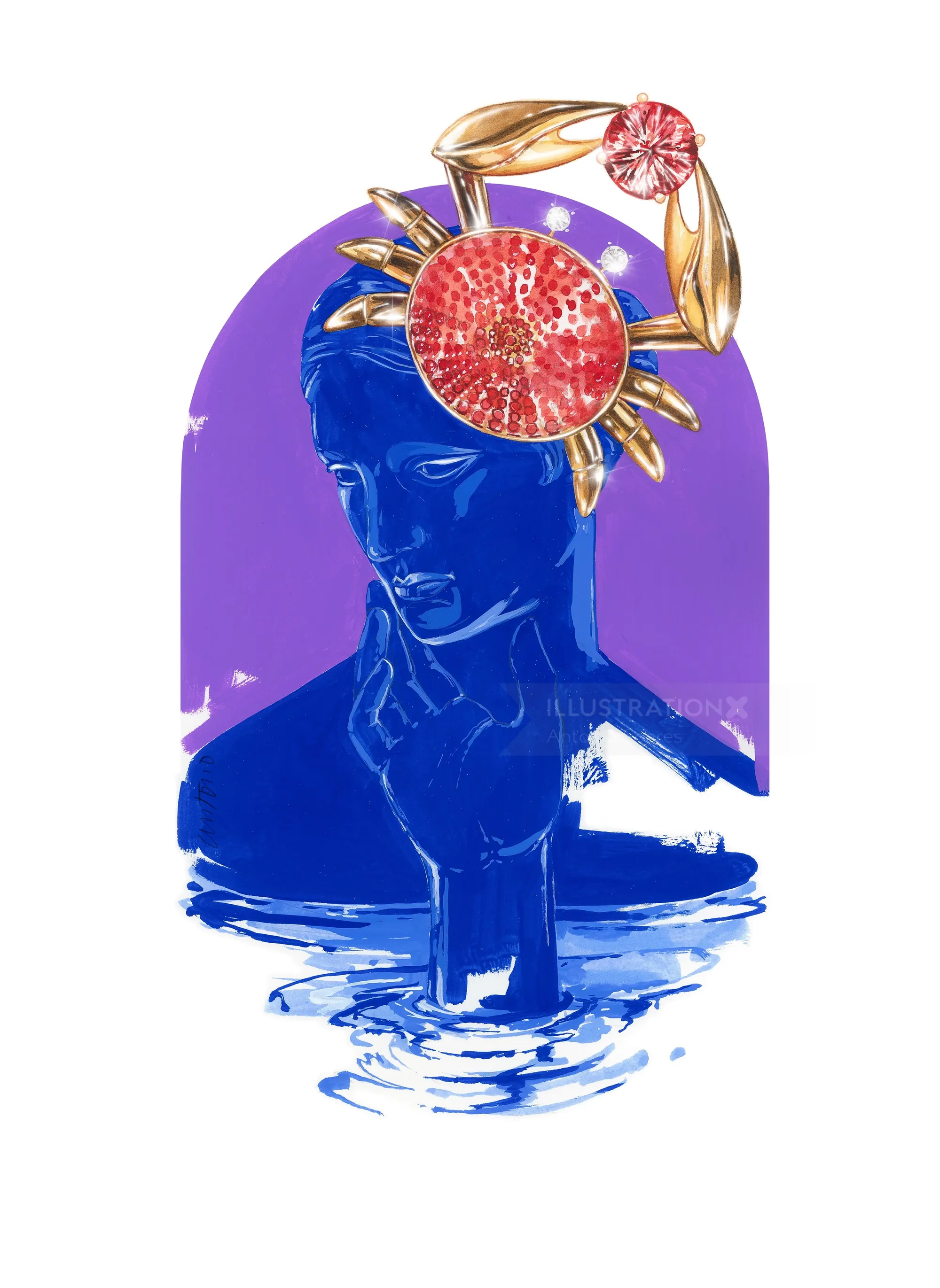 Blue sculpture of human head with golden crab and red coral decoration