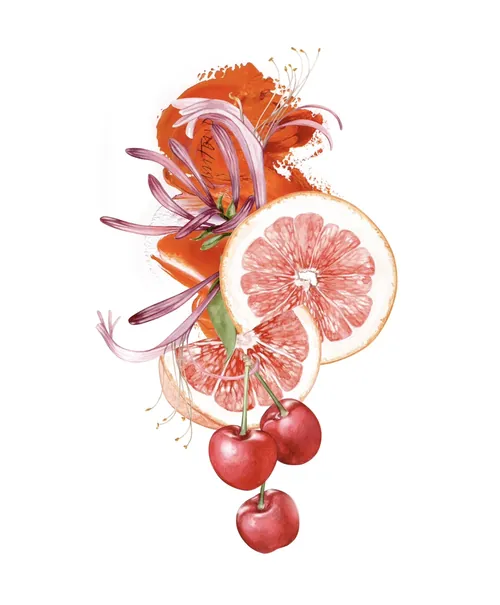 Abstract floral and fruit art with grapefruit slices, cherries, and orange flowers by Antonio Soares