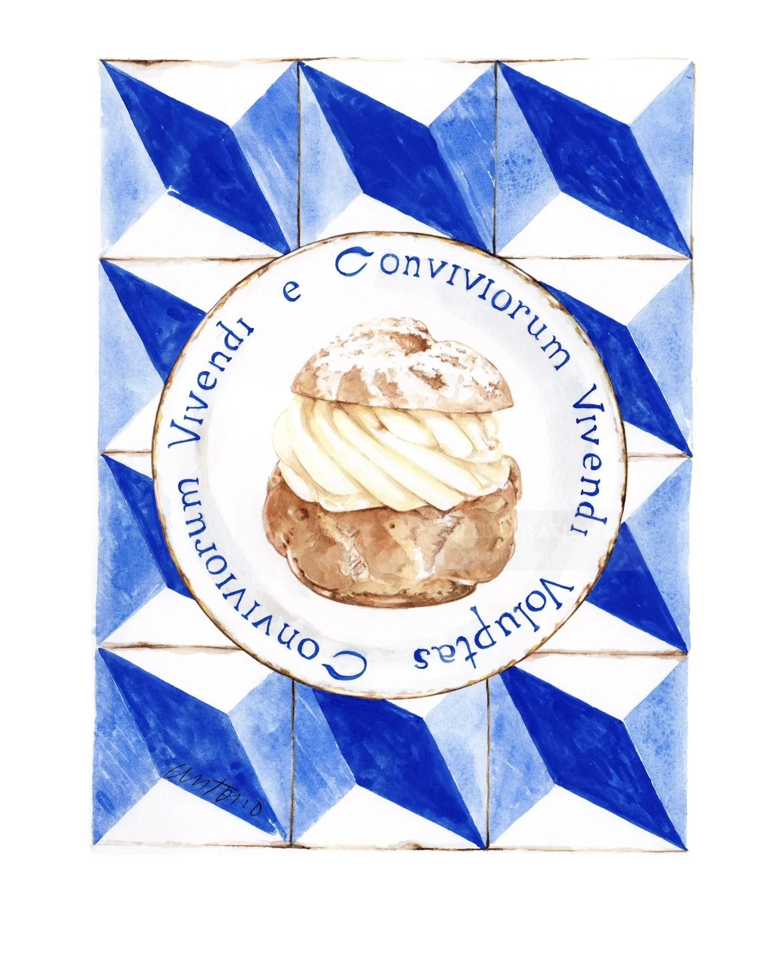 Cream pastry inside blue geometric frame with Latin text by Antonio Soares