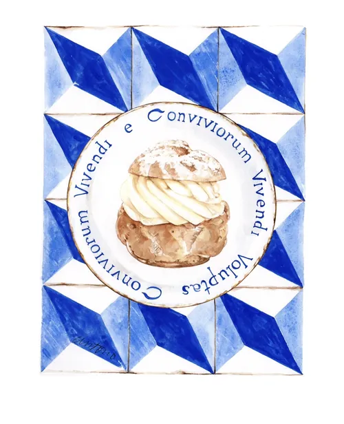 Cream pastry inside blue geometric frame with Latin text by Antonio Soares