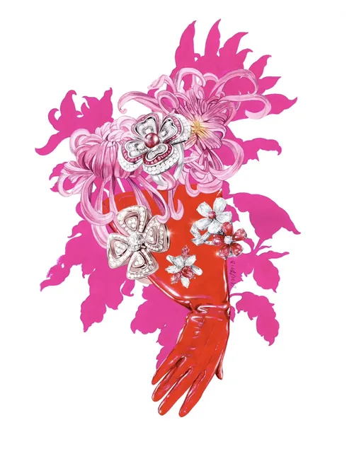 Red glove with pink floral decoration artwork by Antonio Soares