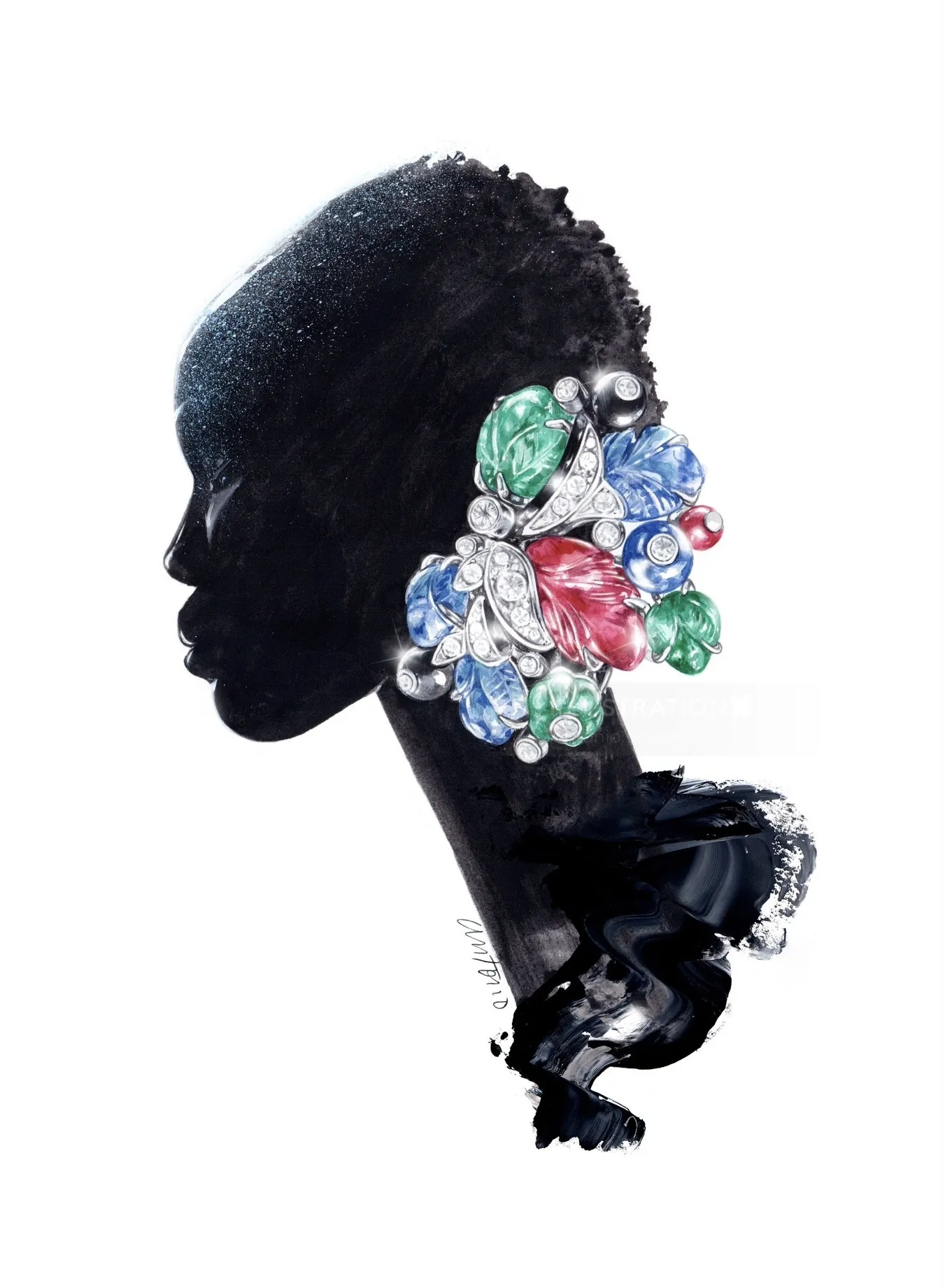 Silhouette of woman wearing large colorful gemstone earrings by Antonio Soares