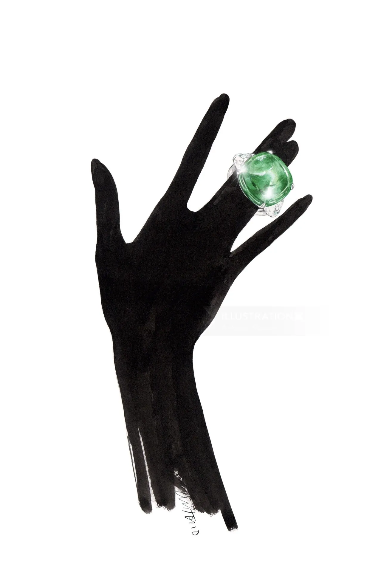 Illustration of a hand with a large green gemstone ring by Antonio Soares