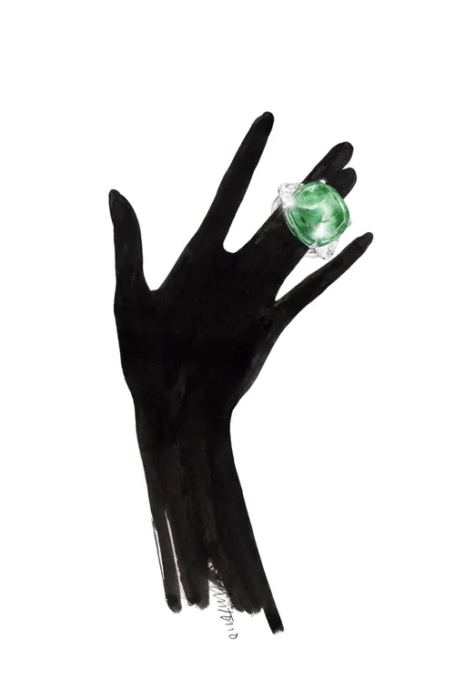 Illustration of a hand with a large green gemstone ring by Antonio Soares
