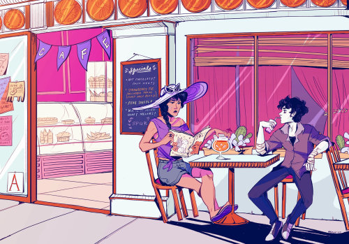 Illustration of couple in a food court