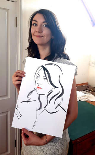 Live event drawing of smily woman

