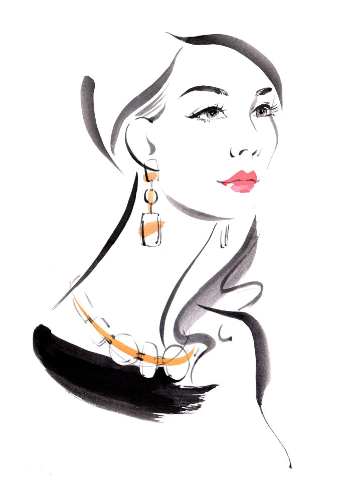 Lady wearing necklace & earrings - fashion sketch