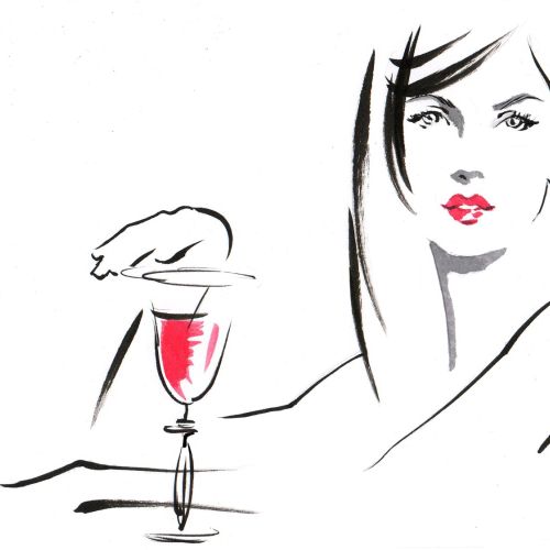 Line drawing of beauty with wine
