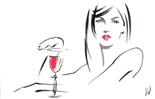 Line drawing of beauty with wine
