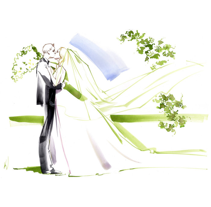 Desenho de um casal de noivos se beijando