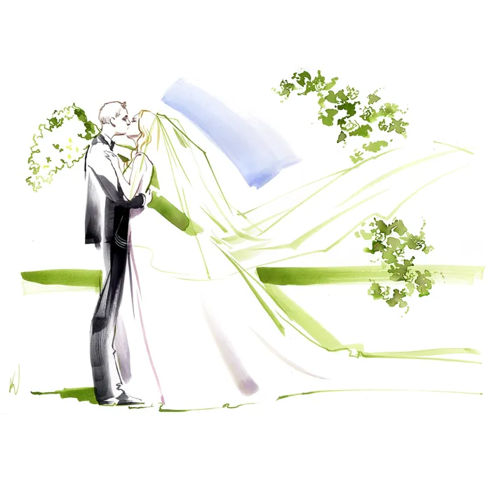 Drawing of a wedding couple kissing