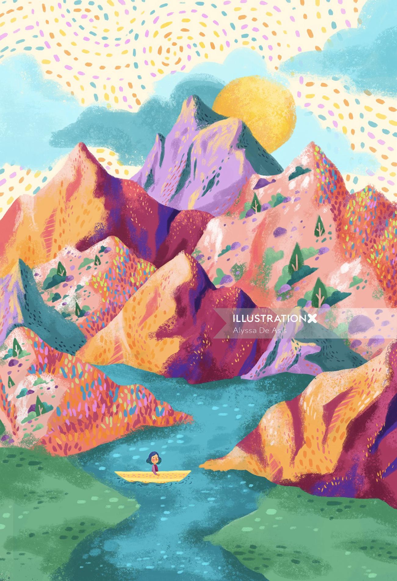 Children illustration of lady boating over mountains
