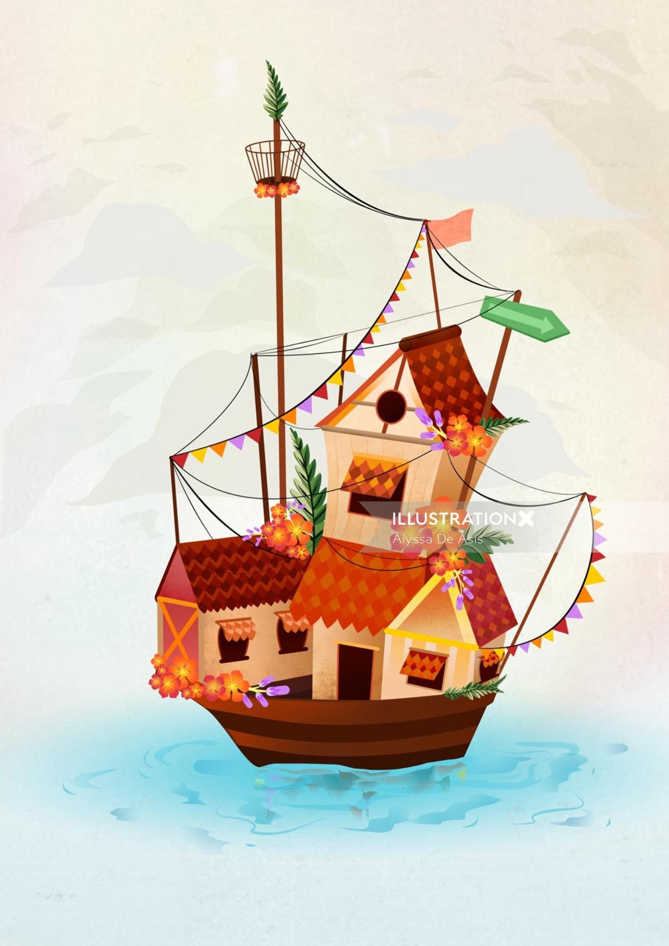 Boat house comic illustration