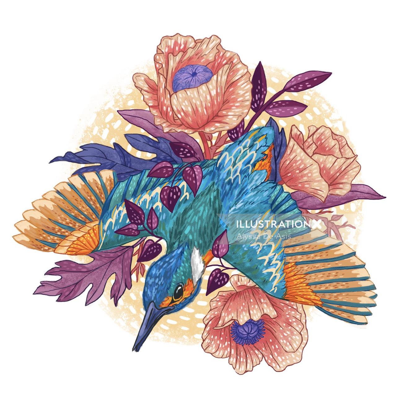 Painting of a bird flying on flowers