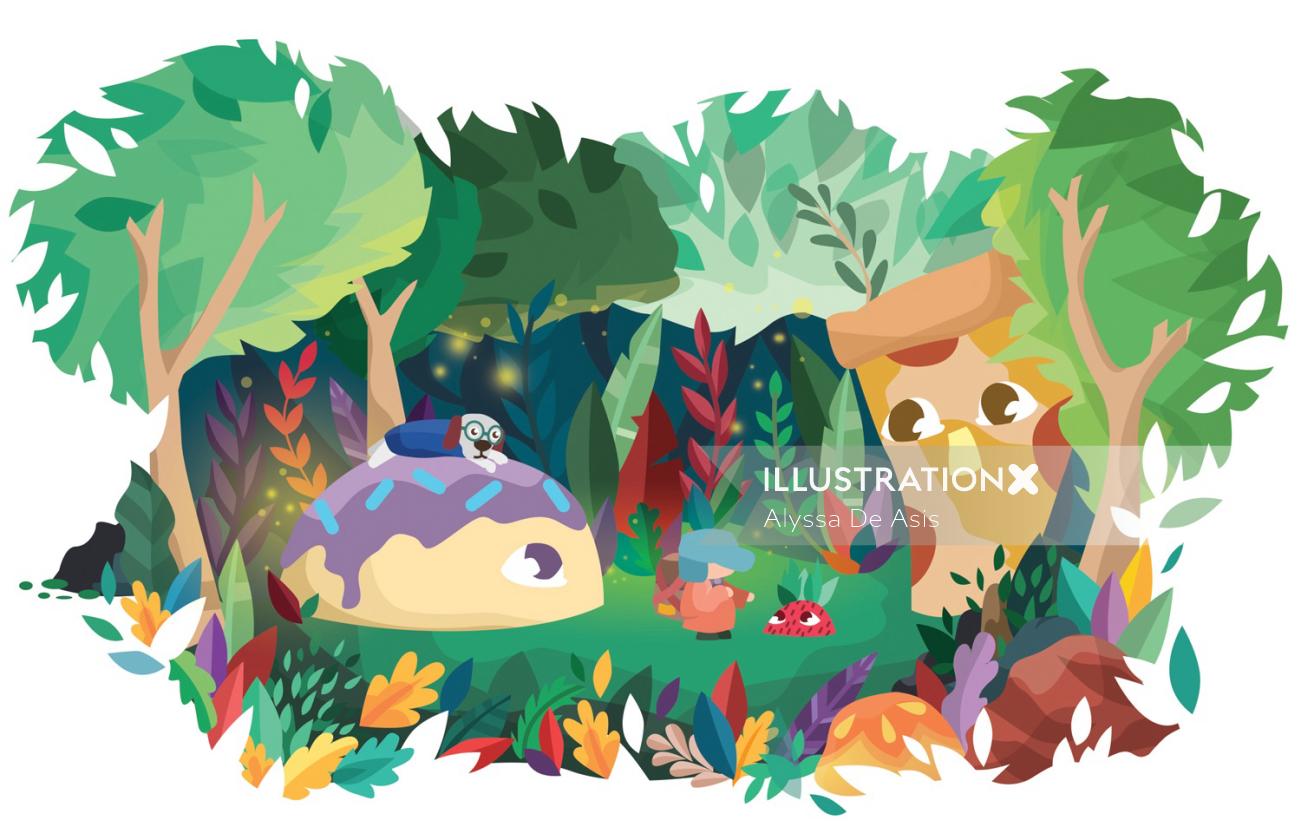 Comic illustration of Little girl and dog in the forest