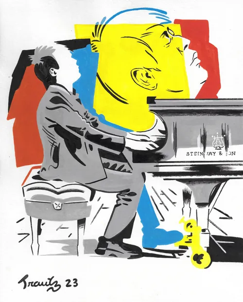 Ilustração de Lang Lang tocando piano com cores expressivas por Augie Trautz