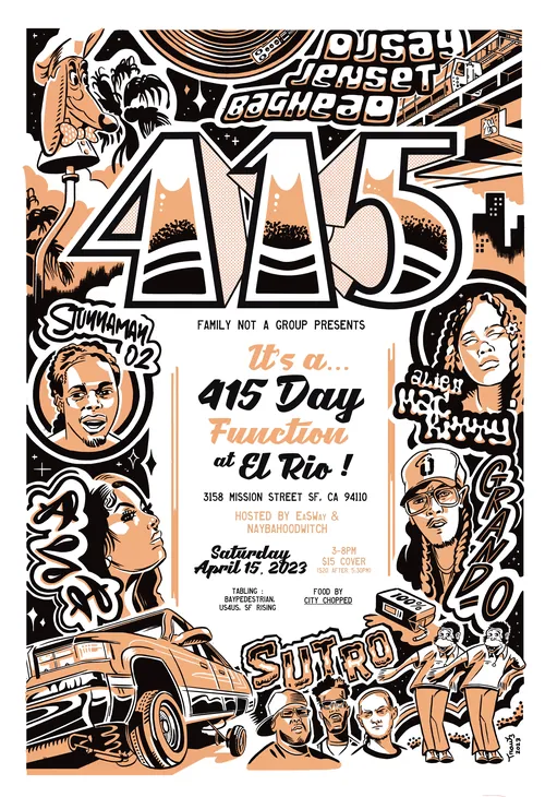 Pôster do coletivo de hip-hop para o evento do Dia 415, criado por Augie Trautz.