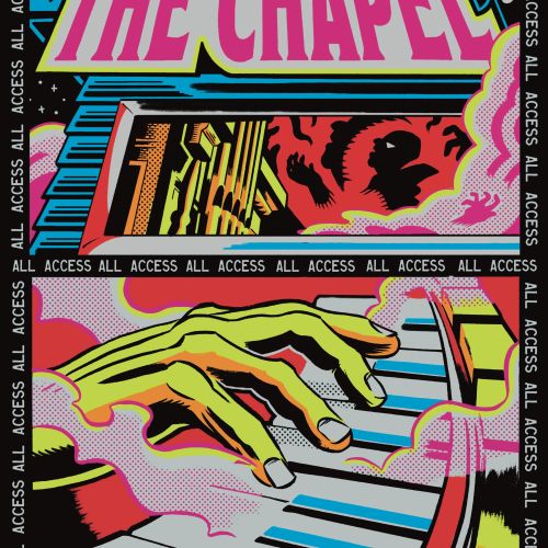 Colorful illustration of hands playing piano with The Chapel logo by Augie Trautz