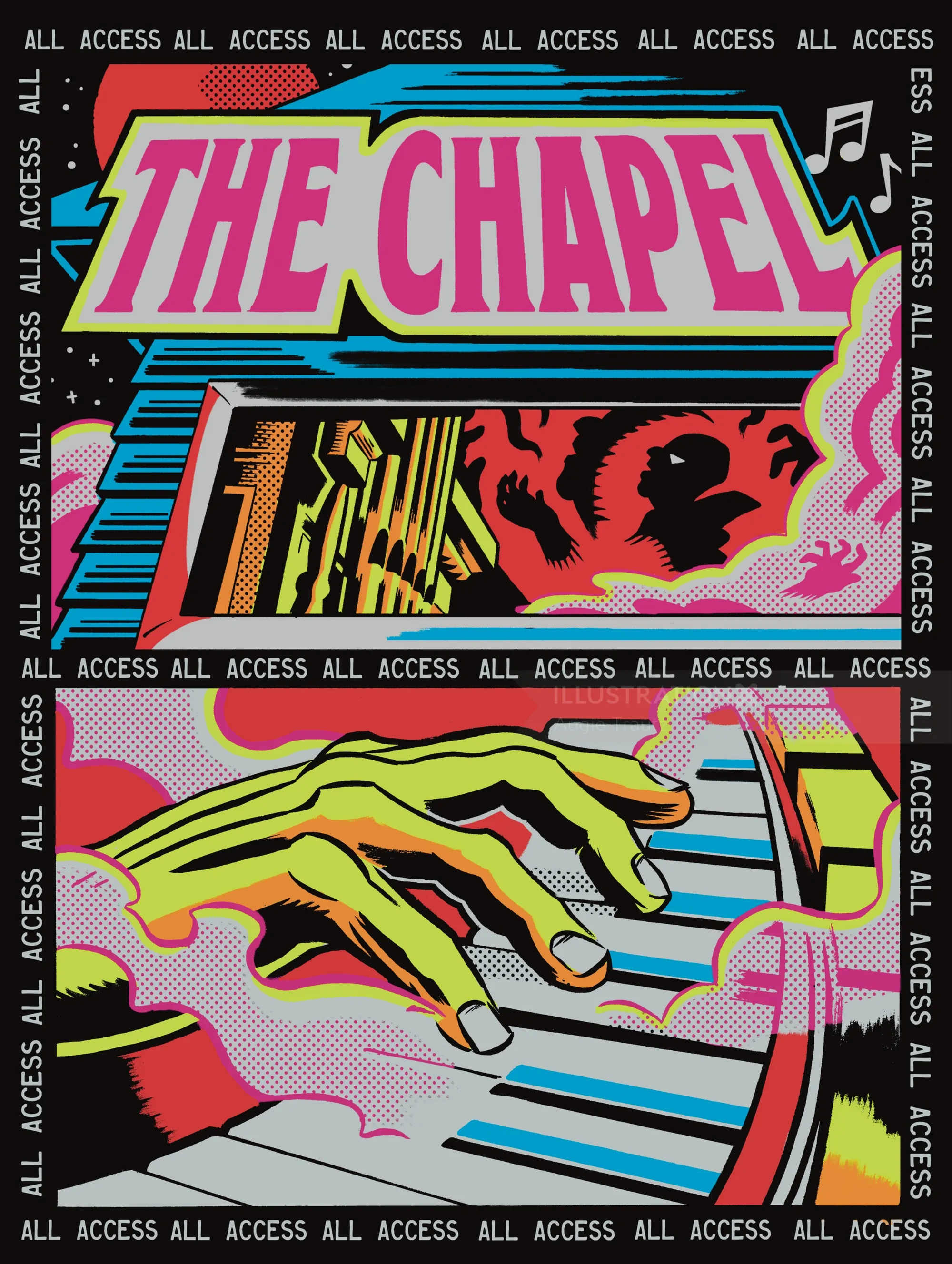 Colorful illustration of hands playing piano with The Chapel logo by Augie Trautz