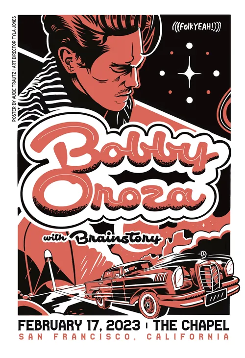 Pôster do show de Bobby Oroza com carro antigo e fundo estrelado, por Augie Trautz.